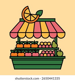 Fruit Stand Illustration with Striped Canopy and Fresh Produce