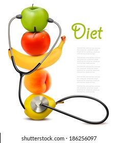 Fruit With A Stethoscope. Healthy Diet Concept. Vector. 