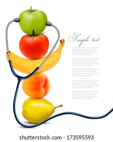 Fruit with a stethoscope. Healthy eating concept. Vector.