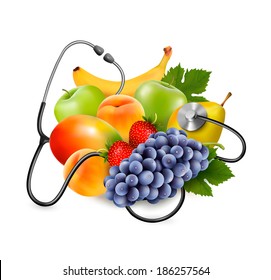 Fruta com estetoscópio. Conceito de alimentação saudável. Vetor. 