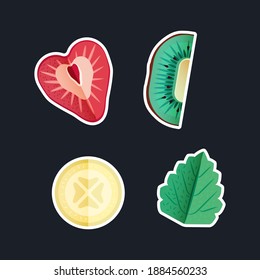 Paquete de pegatinas para fruta. Ilustraciones modernas de concepto de vectores planos. Fresa, Kiwi, Banana Slices y Mint. Anuncios de medios sociales.
