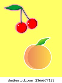 fruit sticker peach and cherry on a bright background