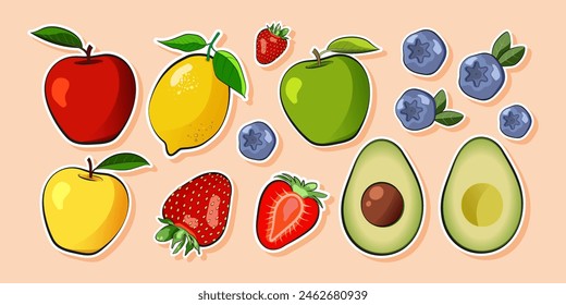 Fruit sticker set. Apples, strawberries, avocado, blueberries, lemon. Vector illustration