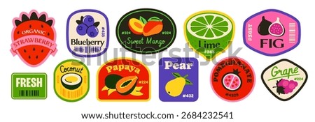 Fruit sticker set. Colorful labels with mango, strawberry, blueberry, lime and pear for supermarkets and grocery stores. Trendy retro design. Flat vector illustration collection isolated on background