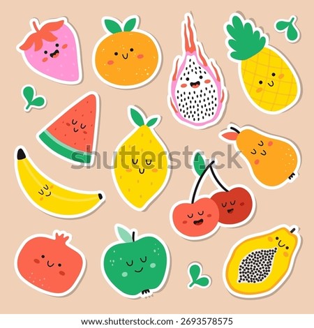 Fruit sticker set featuring strawberry, orange, watermelon, banana, grapefruit, apple, lemon, cherry, pear, pineapple, dragon fruit, papaya. Perfect for planners, scrapbooking, packaging, digital.