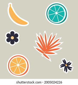 Fruit stickers. Fruit pattern. Banana and lime, tropical leaf