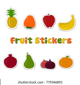 Fruit stickers. Pineapple, apple, banana, pear, pomegranate, orange, figs, persimmon. Cute. Hand drawn. Cartoon style. Isolated vector objects.