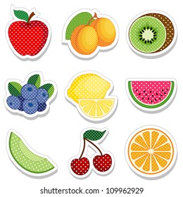 Fruit Stickers, polka dot design: apple, apricots, kiwi, blueberry, lemon, watermelon, melon, cherry, orange isolated on white. EPS8 compatible.
