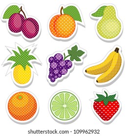 Fruit Stickers, polka dot design: plums, peach, pear, pineapple, grapes, bananas, orange, lime, strawberry isolated on white. EPS8 compatible.