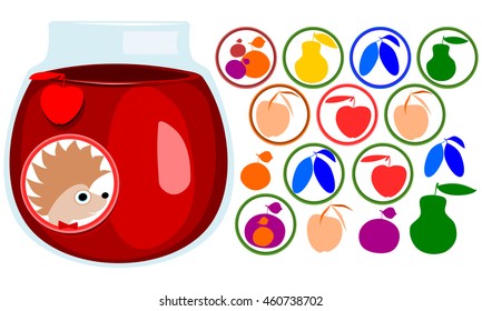 Fruit stickers set. Hedgehog face with bow tie, label. Icons of apple, pear, apricot, plum, mirabelle cherry. Jar with jam.
