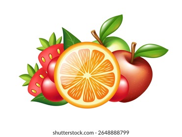 Fruto da natureza. Maçã, morango e laranja. Ilustração vetorial