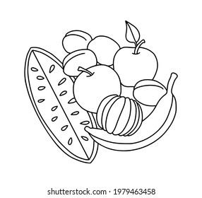 Fruit. Still life with different fruits, black outlines for children's coloring, outlined design. Apples, pears, watermelon. Vector black and white illustration. Line drawing