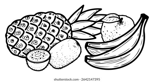 Fruit still life. Hand drawn doodle vector. Juicy pineapple. Sweet banana, kiwi, tangerine. Summer berry. Fresh organic food. Farm harvest. Seasonal vitamins. Illustration line art element.