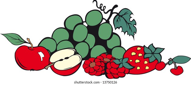 Fruit still-life with grapes, apples, a strawberry, a raspberry and a cherry