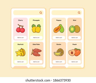 fruit store ui or ux design for mobile apps template screen design with some fruit list like cherry pineapple starfruit with flat outline style