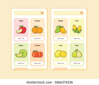 fruit store ui or ux design for mobile apps template screen design with some fruit list like apple orange melon tomato mango corn lime pear
