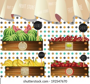 Fruit store in wooden crates and organic stickers.