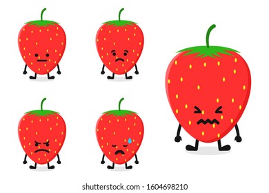 Fruit strawberry character vector illustration set for sad expression