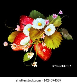 Fruit strawberry. Hand drawn objects with flowers and leaves. Can be used in your own design, appearance and etc. 