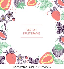 Fruit strawberry text circle round frame hand drawn flat template. Vector design with botanical illustration of red strawberry. For business, posters, covers, web and flyer print