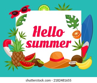 Fruit summer background. Hello time, fun food banner, happy travel and outdoor picnic, cold drink label or party poster. Surfing and beach tools. Vector greeting design cartoon illustration