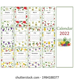 Fruit summer calendar for 2022 from fruit patterns for vegans, color vector illustration