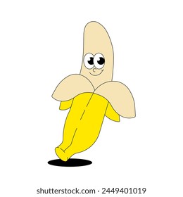 Fruit summer character Banana. Retro groovy patch. Trendy sticker with funky comic mascot. Vector illustration 60s, 70s style. 