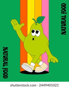 Fruit summer character Pear. Retro groovy poster. Trendy funky comic mascot. Vector illustration 60s, 70s style. 