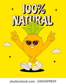 Fruit summer character Pineapple. Retro groovy poster. Trendy funky comic mascot. Vector illustration 60s, 70s style.