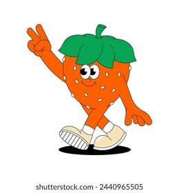 Fruit summer character Strawberry. Retro groovy patch. Trendy sticker with funky comic mascot. Vector illustration 60s, 70s style. 