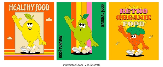 Fruit summer characters. Retro groovy poster, flyer set. Trendy funky comic mascot. Vector illustration 60s, 70s style. 