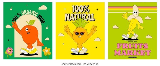 Fruit summer characters. Retro groovy poster set. Trendy funky comic mascot. Vector illustration 60s, 70s style. 