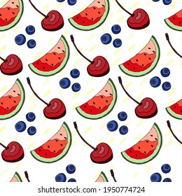 Fruit summer pattern with berries and watermelon. Seamless pattern for textile or background