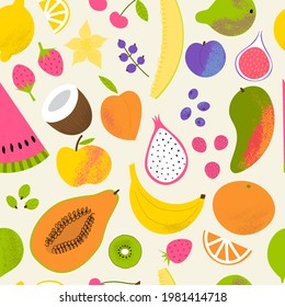 Fruit summer pattern. Cute tropical seamless fabric print with fruits: lemon, watermelon, strawberry, mango, banana and others. Flat hand drawn textured illustration. 