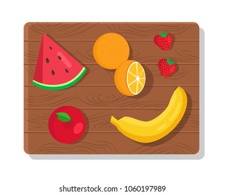 Fruit summer picnic collection, wooden board and fruits, watermelon and orange, banana and apple, strawberries vector illustration isolated on white