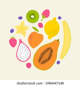 Impresión redonda de verano de frutas. Composición tropical dulce con frutos: limón, fruta de dragón, fresa, papaya, melocotón y otros. Ilustración texturizada dibujada a mano plana. 