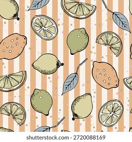 Patrón sin fisuras de verano de frutas. Patrón con Frutas de Limones y Naranja. Diseño de impresión de moda para papel de embalaje, textil, embalaje, tela, decoración del hogar, superficie. Ilustración vectorial. No es IA