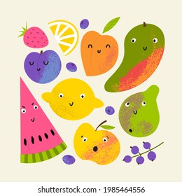 Fruit summer square print. Tropical composition with fruits: lemon, watermelon, mango, pear, peach, apple with cute faces. Flat hand drawn textured illustration. 