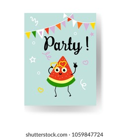 Fruit summertime party poster with ripe watermelon dancing, having fun and making peace gesture. Cartoon cute joyful and smiling character of berry for summer vacation theme, vector illustration.