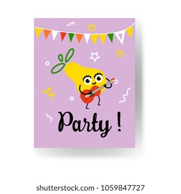 Fruit summertime party poster with ripe pineapple playing guitar, dancing and having fun. Cartoon cute joyful and smiling character of fruit for summer vacation theme, vector illustration.