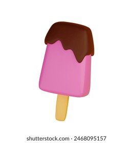 Fruit sundae ice cream  on wood stick, drizzled with chocolate syrup isolated on white background. 3d vector illustration