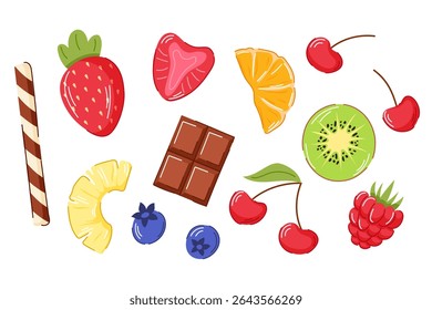 Coleção de elementos de sobremesa de fruta e doce em estilo plano. Mirtilo, kiwi de chocolate, morango, laranja e doce isolados no fundo branco. Ideal para decoração de embalagens, café e design de verão.