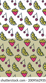 Fruit symbol diagonal grid seamless pattern. Icon flat cartoon design style sweet lemon, strawberry, cherry, gray stroke line contour, multi colored shapes. Transparent background. Vector illustration