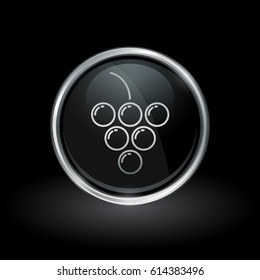 Fruit symbol with grape cluster icon inside round chrome silver and black button emblem on black background. Vector illustration.