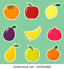 Fruit symbols set of stickers in a white stroke. Flat design, vector illustration.
