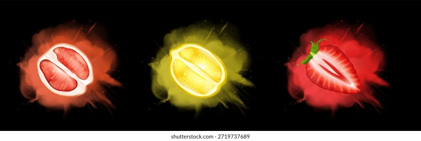 Efeito de explosão de sabor de fruta no fundo preto. Ilustração realista de vetor de toranja, limão, morango voando em sabor estourar, laranja, vermelho, nuvem de explosão amarela, energia natural, projeto de bebida