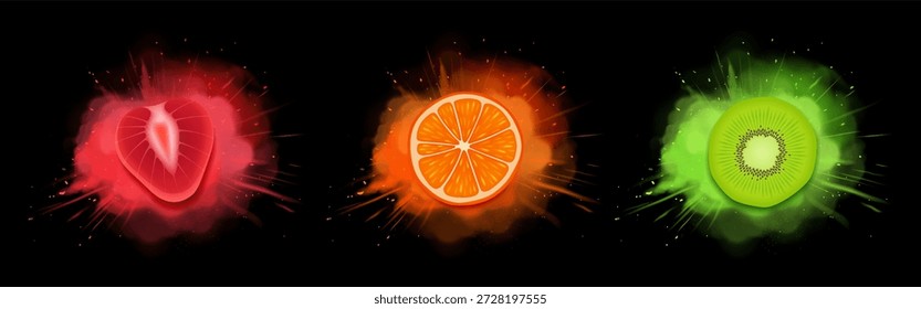 Fruchtgeschmack Explosion Effekt auf schwarzem Hintergrund. Vektorrealistische Illustration von Orange oder Mandarine, Kiwi, Erdbeerscheiben fliegen in Geschmack Burst, Farbe Blastcloud, natürliche Energie, Getränk-Design