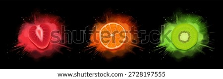 Fruit taste explosion effect on black background. Vector realistic illustration of orange or tangerine, kiwi, strawberry slices flying in flavor burst, colour blast cloud, natural energy, drink design