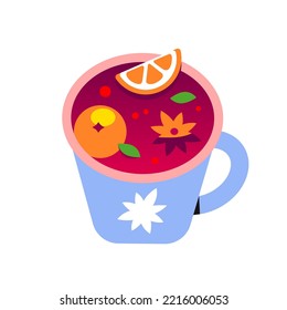 Fruit Tea In A Blue Mug. Hot Mulled Wine, Sangria, Punch For The Menu. Winter Alcoholic Drink