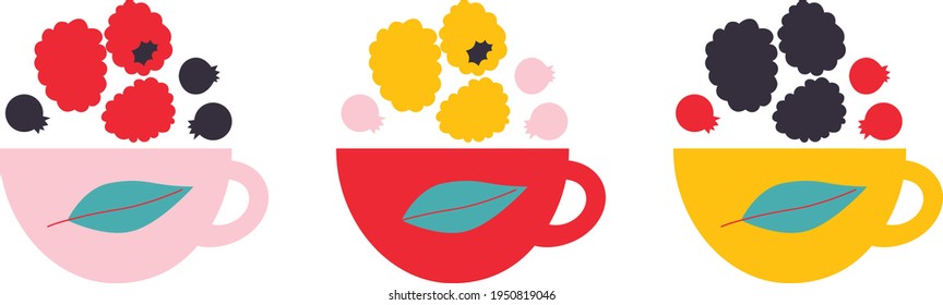 Fruit tea, Flat vector icon. Abstract Fruit and tea in mug. Drink lover concept. Logo for Fruit tea or delivery. Hand drawn elements for menu design, vector colorful illustration collection. EPS 10. 